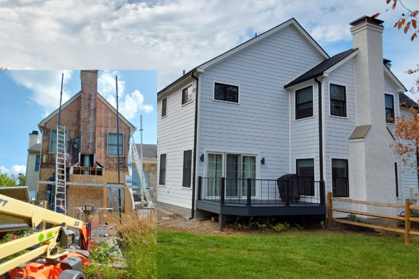 before and after image of stucco removal replaced with vinyl siding